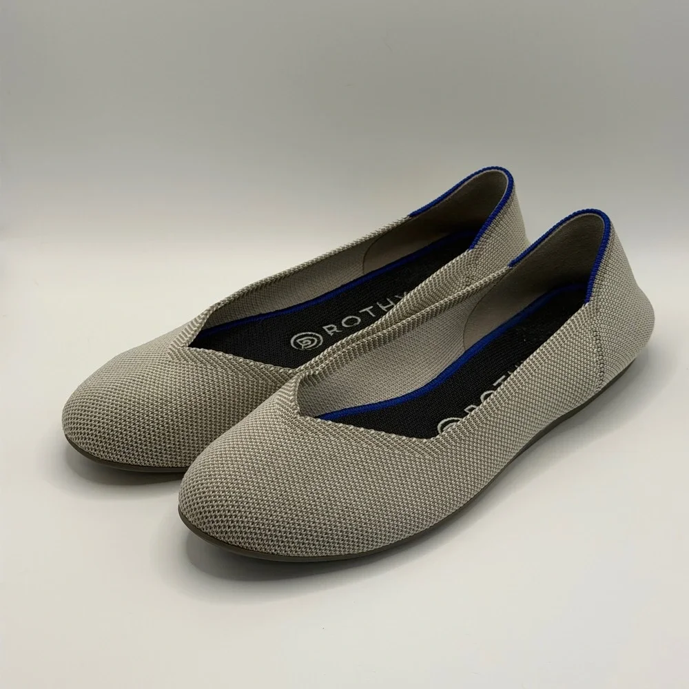 Rothys The Flat Sand Herringbone Tan Beige Knit Round Toe Ballet Flats Size 10.5